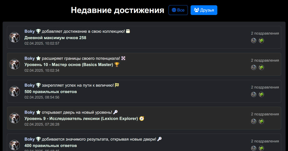 Лента активности - недавние достижения игроков в изучении английских слов