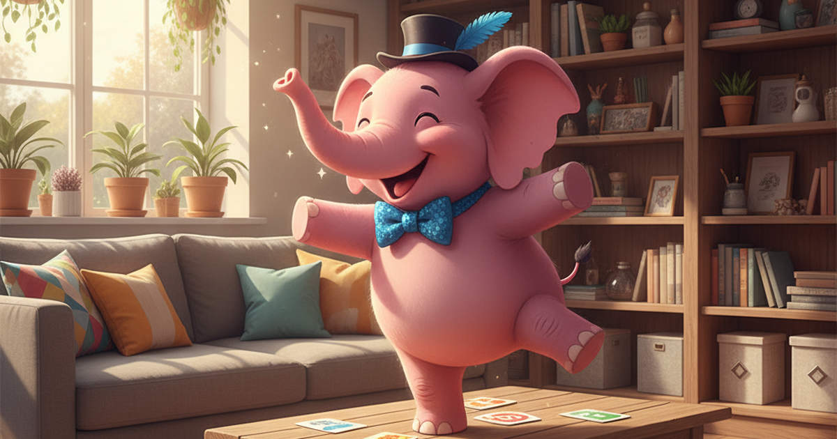 Визуальная ассоциация для изучения английского: розовый слон в шляпе и бабочке танцует в комнате с книгами