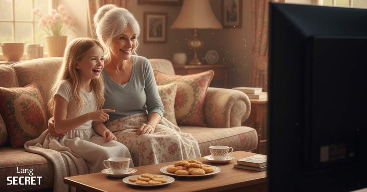 Бабушка Sophia и Emma смотрят телевизор