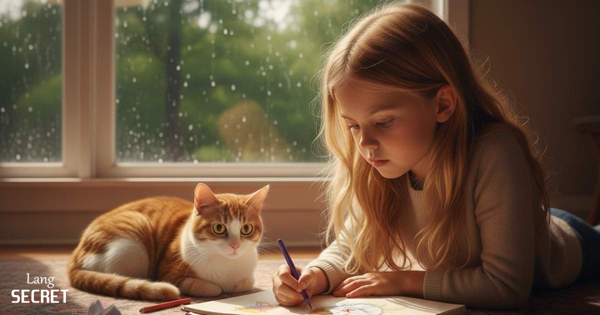 Эмма рисует дома в дождливый день рядом с котом