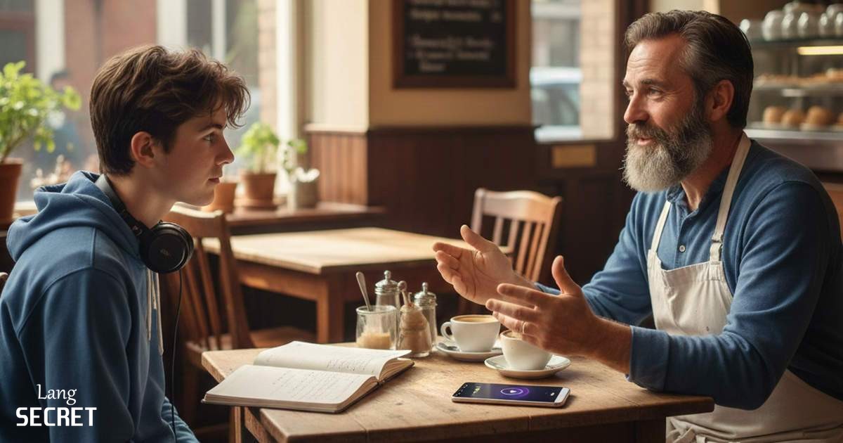 Alex записывает интервью в кафе для школьного проекта