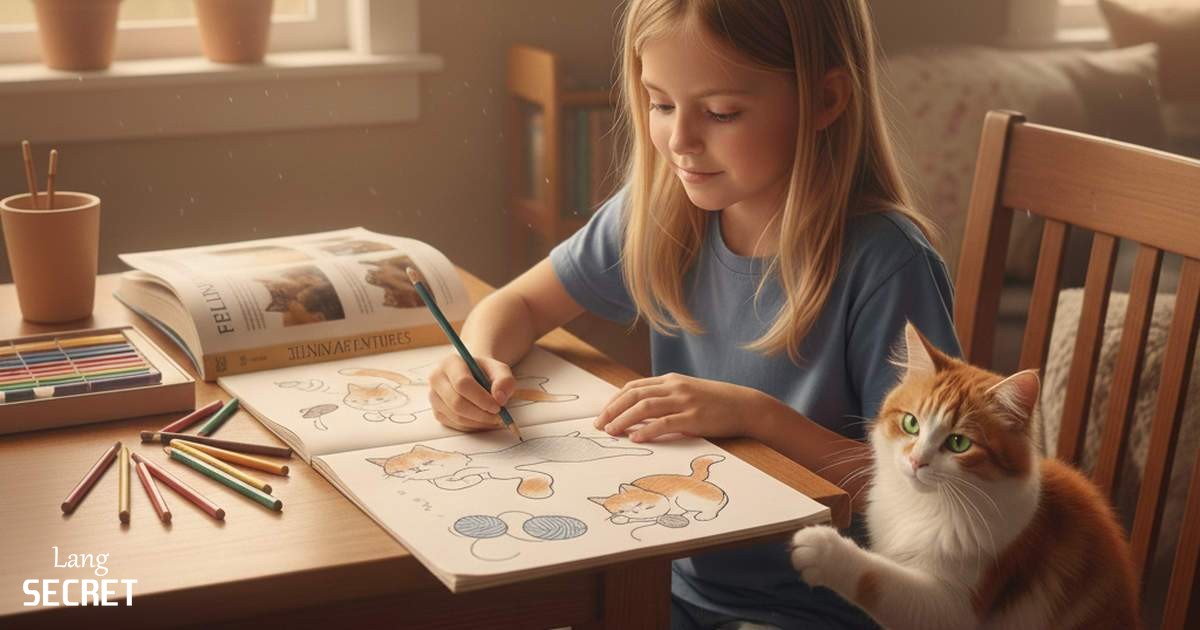 Эмма и кот Вискерс делают школьный проект