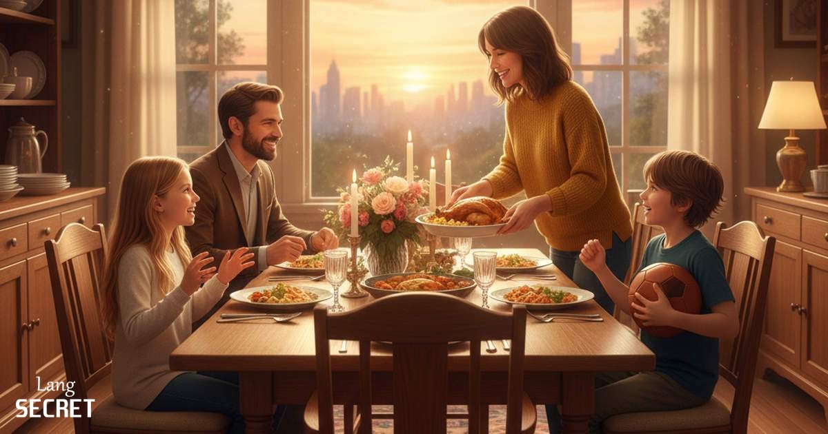 Семья Williams за семейным ужином: курица, рис и овощи на столе