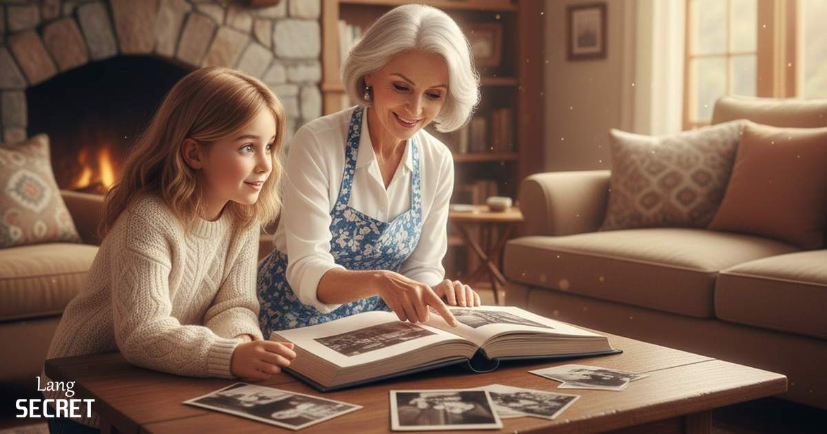 Бабушка Sophia и Emma смотрят старый семейный фотоальбом