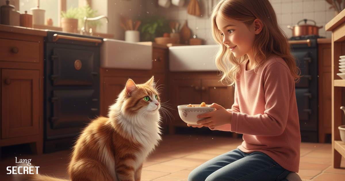 Девочка Emma помогает по дому: убирает игрушки и кормит кота