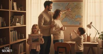 Семья планирует новое путешествие у карты Европы в уютной гостиной