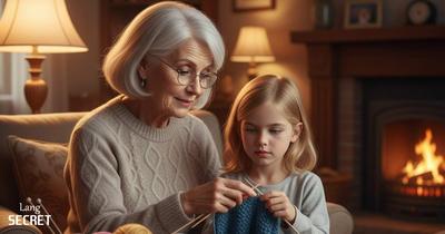 Бабушка Sophia терпеливо учит внучку Emma вязать синий шарф