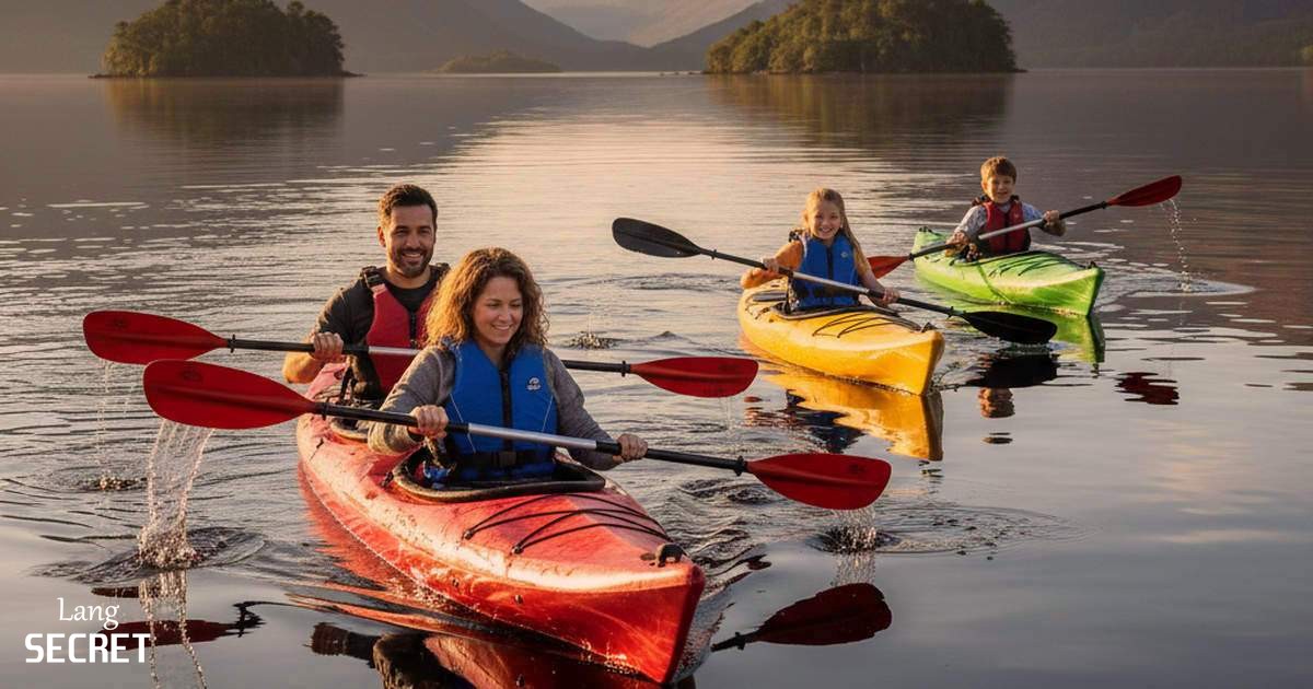 Семья на каяках исследует острова Loch Lomond в Шотландском нагорье