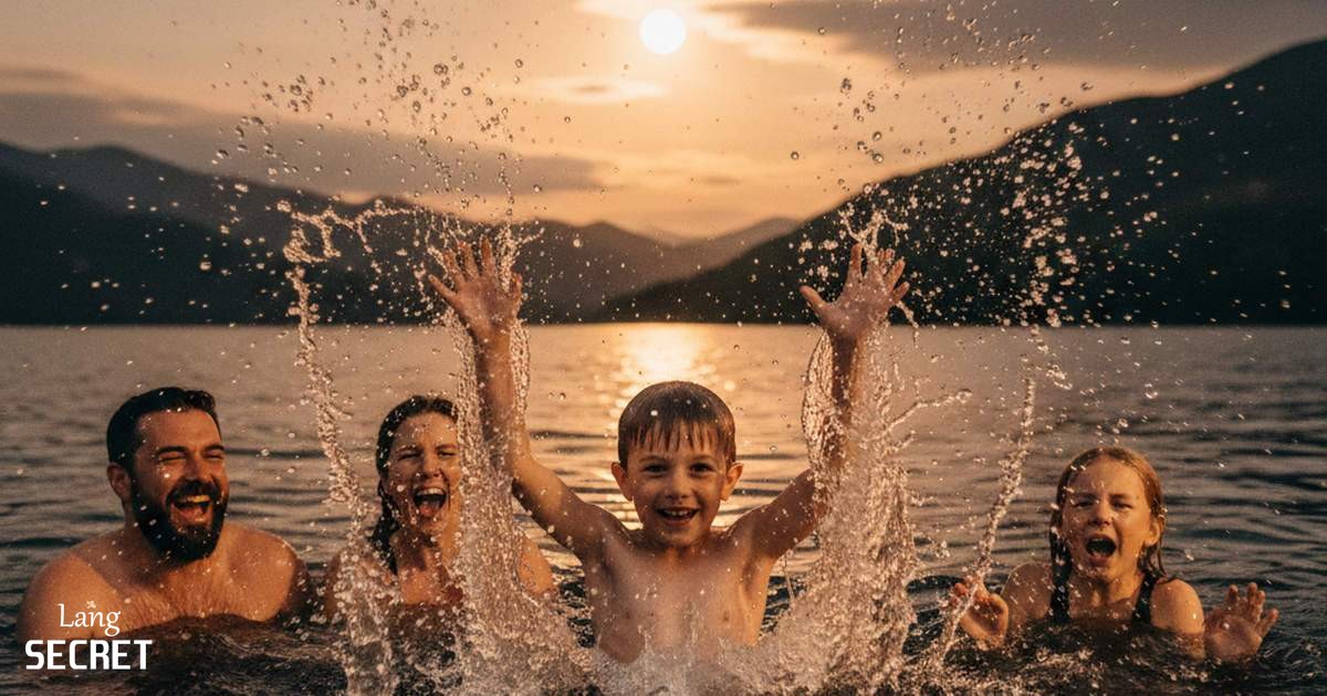 Семья Уильямс в темной воде озера Лох-Несс под лунным светом