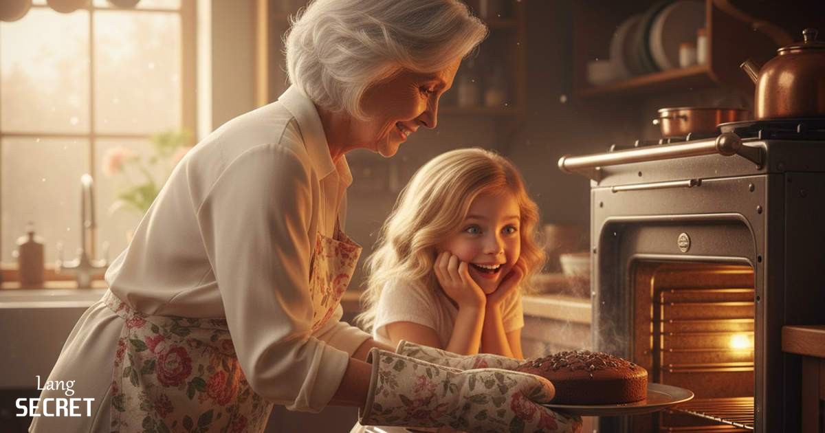 Бабушка Sophia с внучкой Emma: вместе пекут торт на кухне