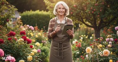Бабушка Sophia снимает видео о садоводстве на планшет в своём саду