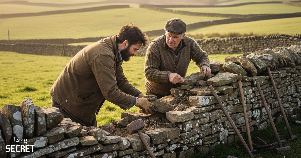 Том и фермер Роберт строят каменную стену на фоне шотландских холмов.