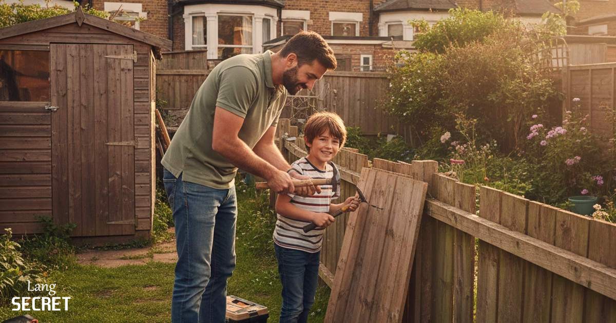 Отец и сын ремонтируют деревянный забор в саду лондонского дома
