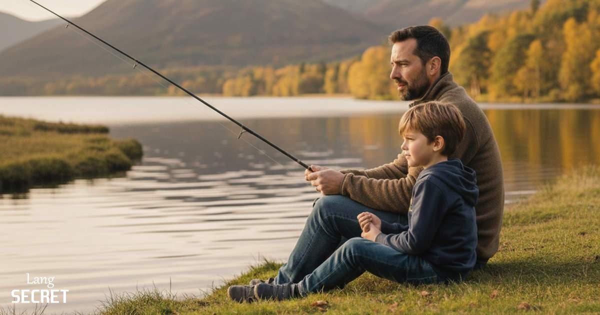 Отец и 8-летний сын рыбачат вместе у озера в Lake District