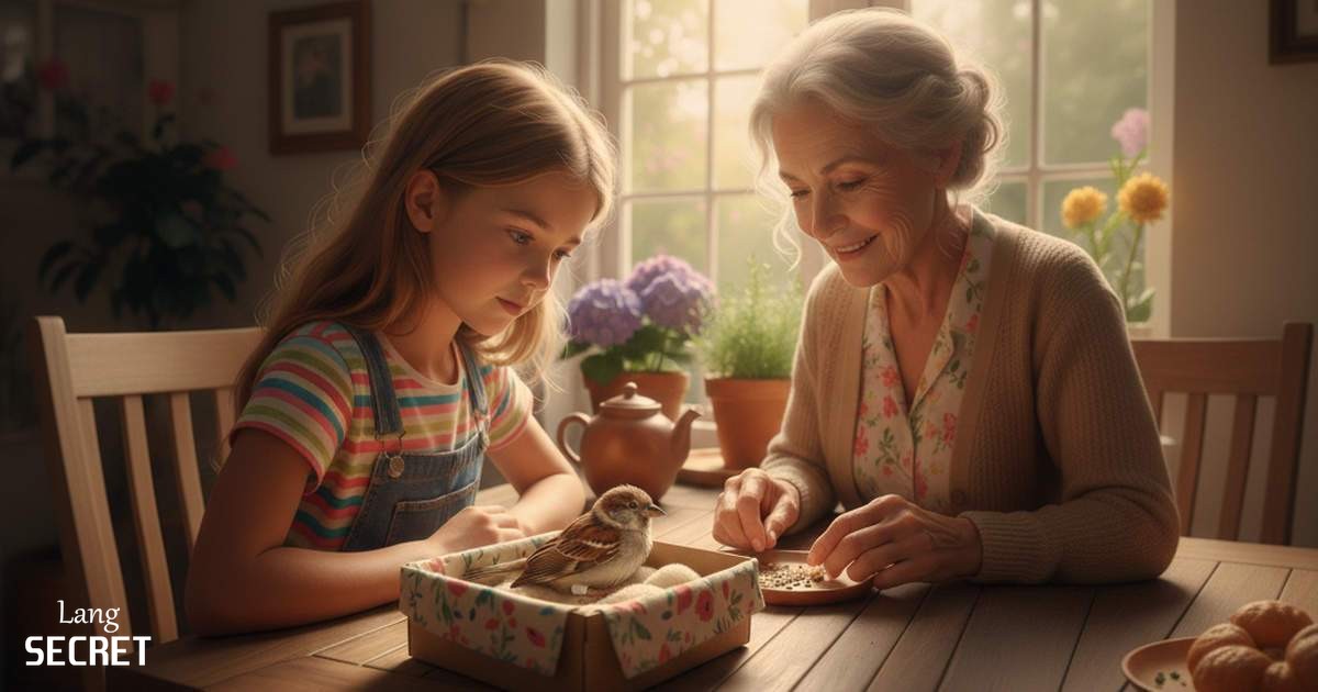 Маленькая птичка в домике рядом с Эммой и бабушкой