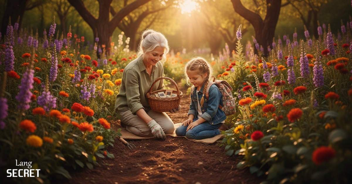 Бабушка с внучкой сажают цветы в саду