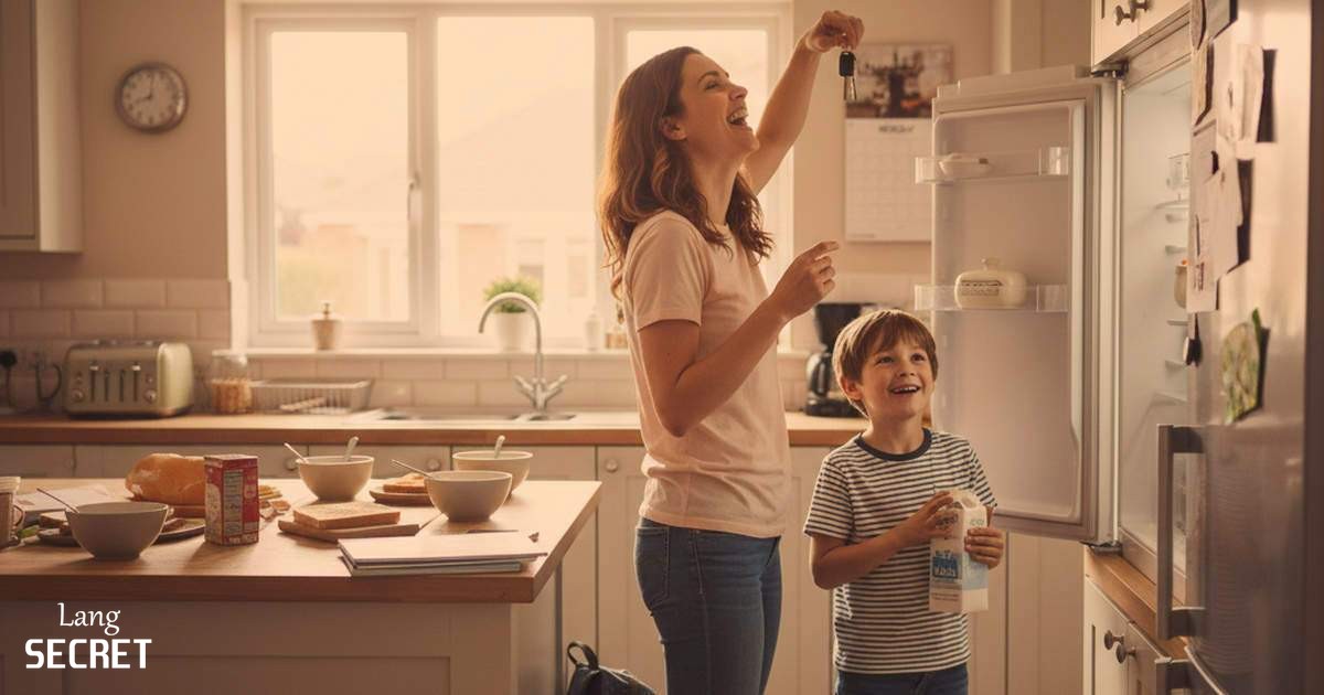 Сара и Джек смеются на кухне, когда находят потерянные ключи от машины в холодильнике