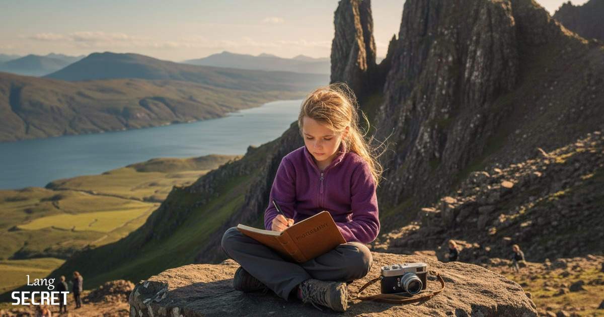 10-летняя девочка пишет письмо на вершине Old Man of Storr