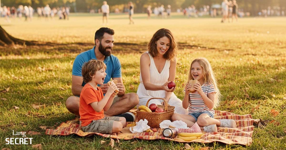 Семья Уильямс ест на пикнике под деревом