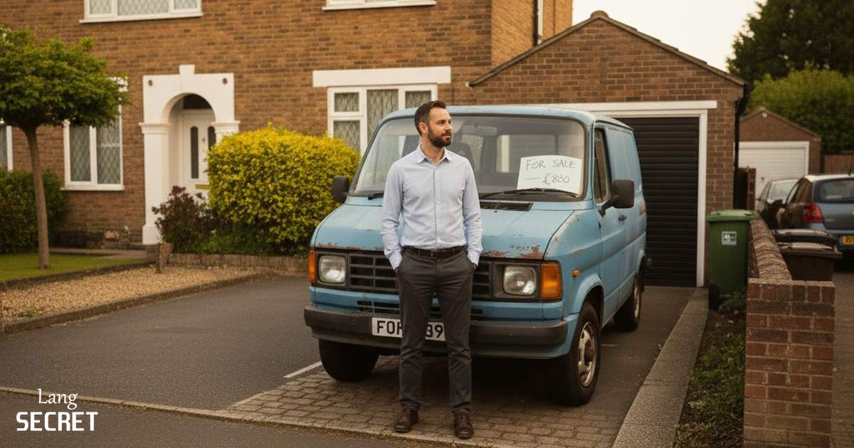 Tom стоит рядом с ржавым синим фургоном Ford Transit