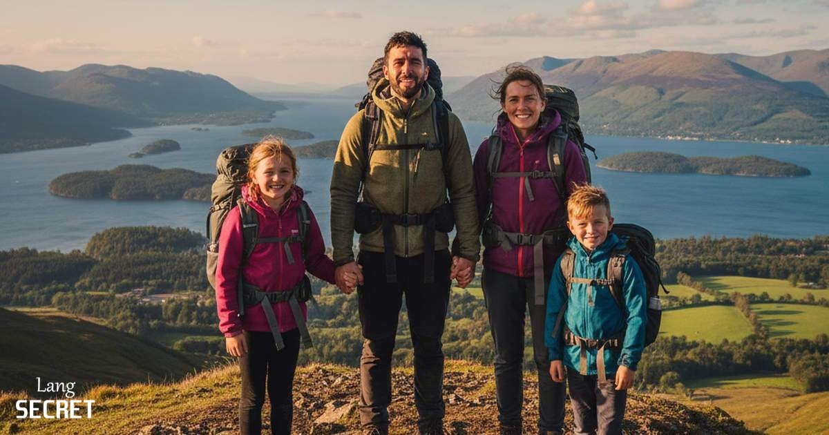 Семья на вершине Conic Hill с панорамой Loch Lomond позади