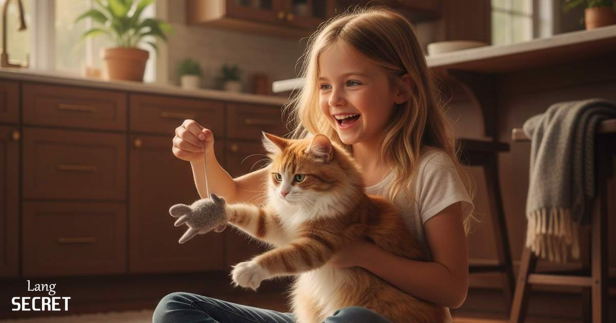 Рыжий кот играет с игрушечной мышкой и Эммой